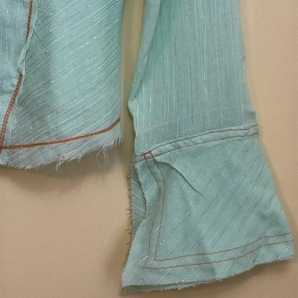 Aziz | Mint Green Floral Embroidered Metallic Thread Cotton Button Up Shirt M - Picture 4 of 17